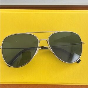 Warby Parker Silver Frame Sunglasses with Dark Green Lenses